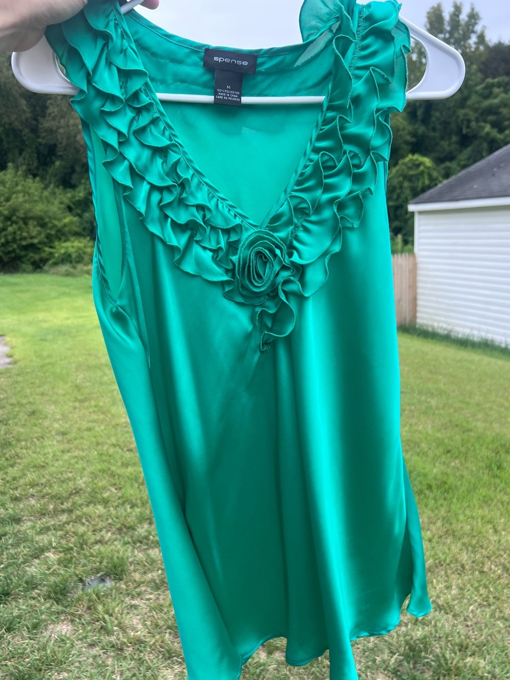 Spense Emerald Green Ruffle Rosette Silk-Look Tank Top - Size M